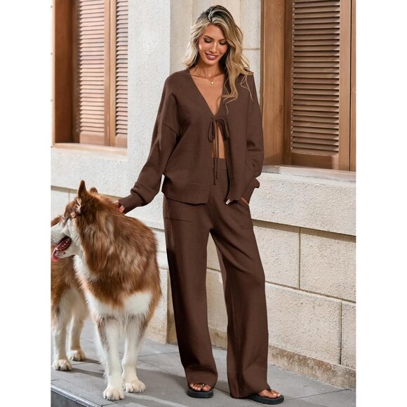Womens 2 Piece Sweater Set Oversized Tie Front Cardigan Elastic Pants Lounge - Picture 3 of 7